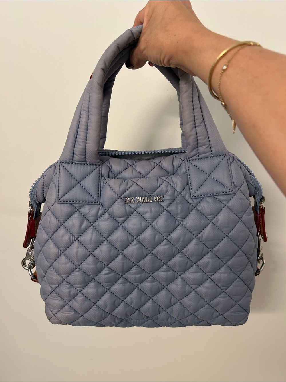 Mz Wallace Small Sutton Deluxe Quilted Stone Blue Top-Handle Crossbody bag.